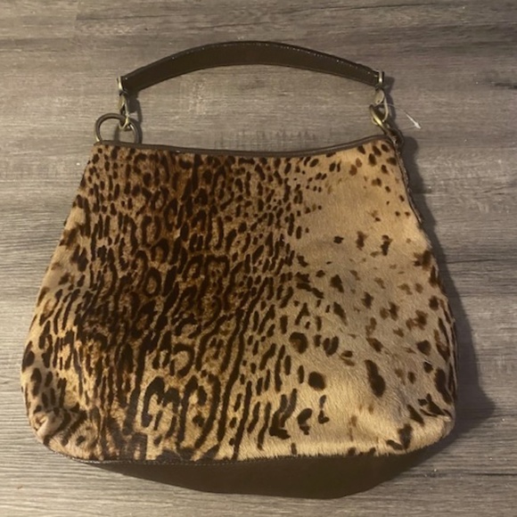 Garnet Hill Soft Italian Chocolate Brown‎ Leather Handbag Animal Hair Print LRG - Picture 1 of 7